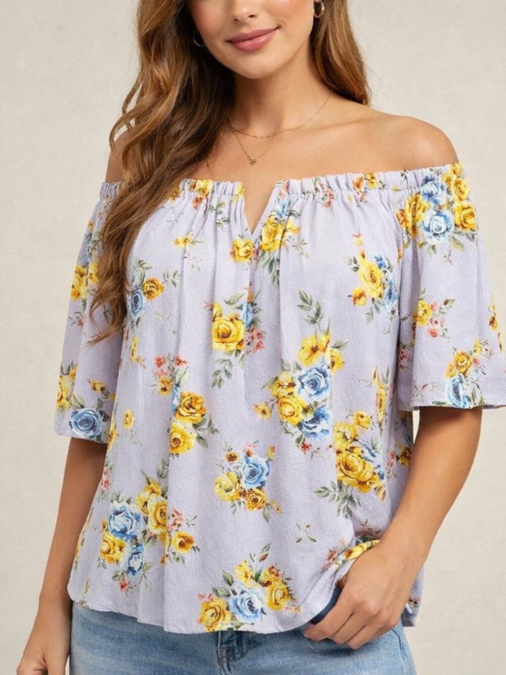 MARCI Purple Floral Print Off Shoulder Notch V Neck Slit sleeves Medium Blouse